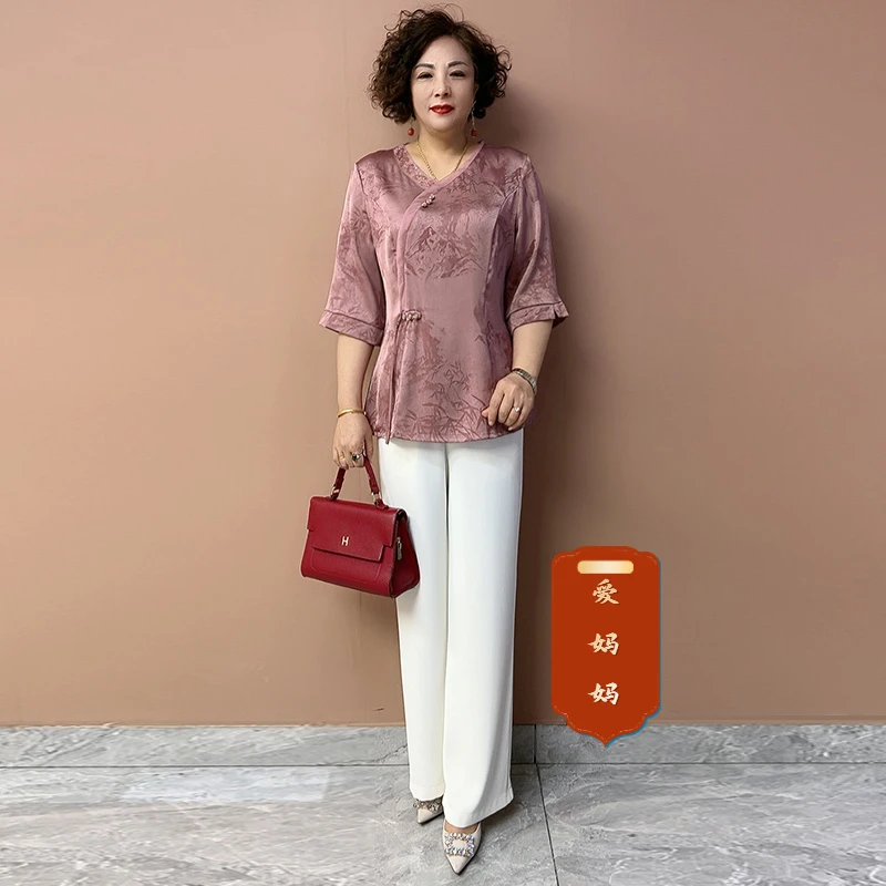 H夏季舒适新中式妈妈丝质两件套2025中年洋气女装洋气高贵T恤时尚
