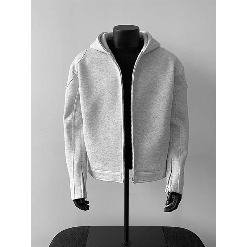 高级感短款机车服正肩连帽卫衣男款美式重磅上衣潮流痞帅开衫外套