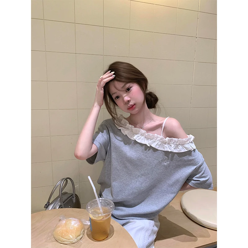 MARIE.COCO夏季新款花边露肩短袖T恤上衣蕾丝拼接阔腿休闲裤套装