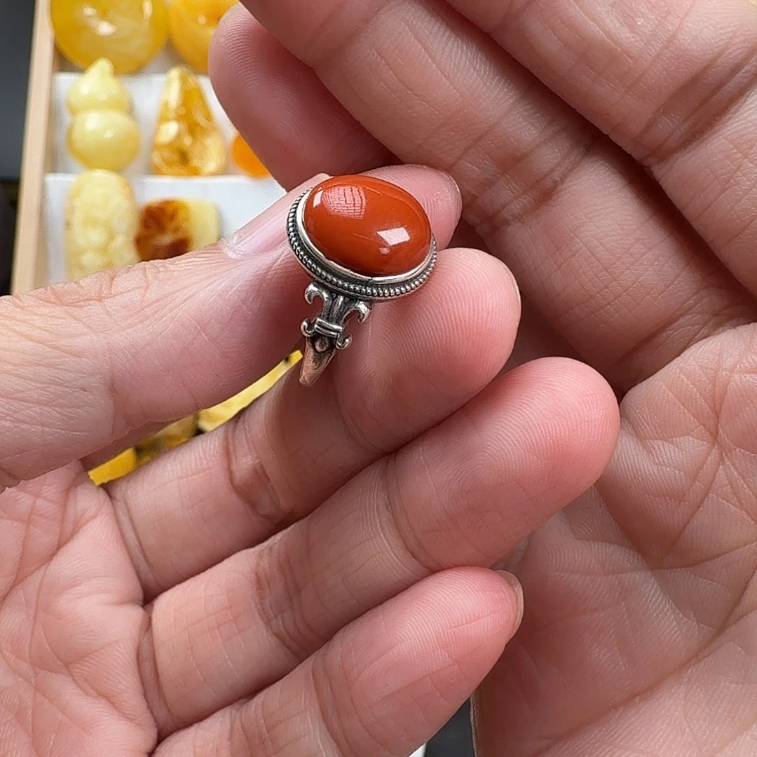 南红玛瑙银S925镶嵌戒指南红