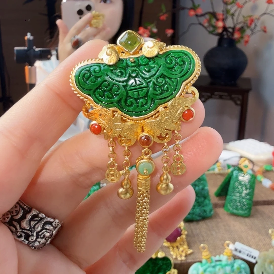 翡翠银S925镀金镶嵌戒指如意戒指