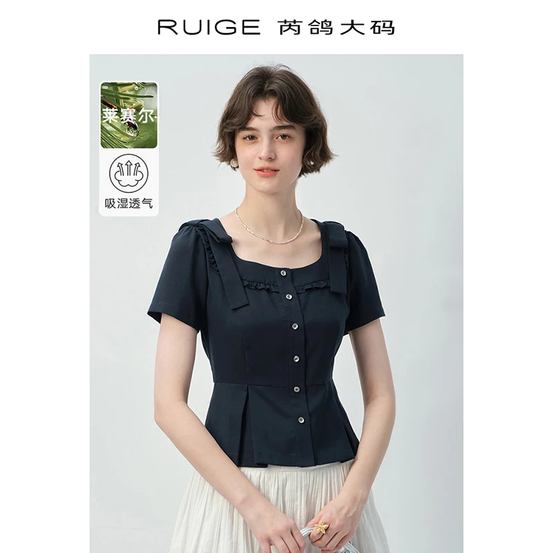 芮鸽微胖定制短袖t恤女气质法式小衫通勤新款夏季收腰微胖mm上衣