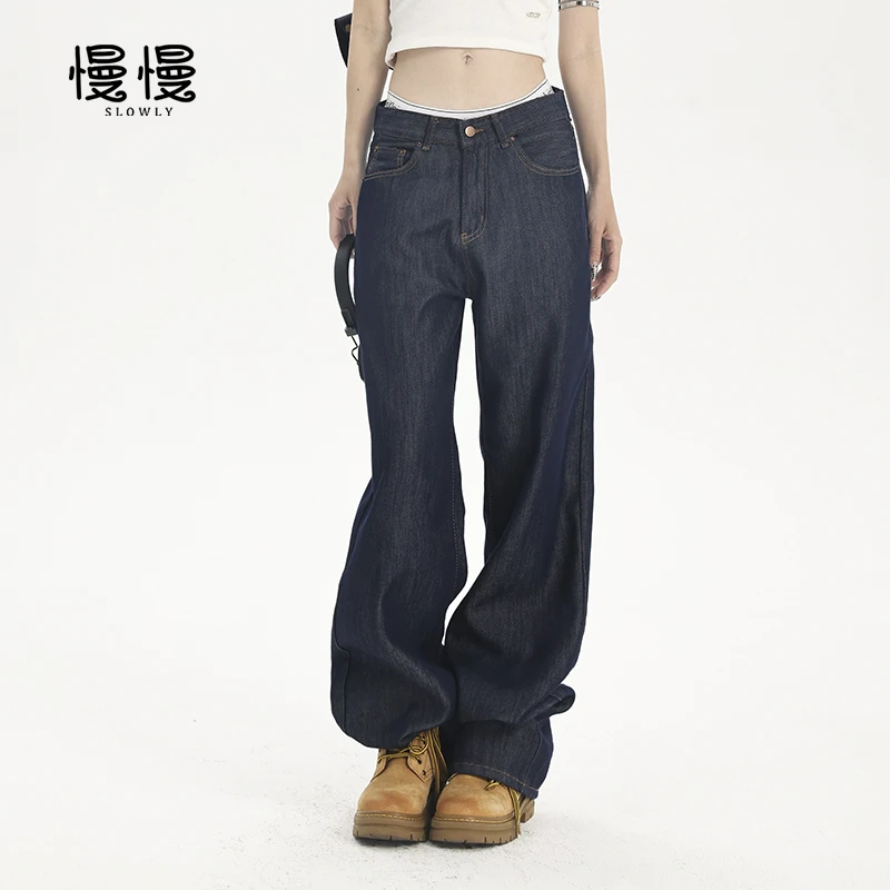 美式高腰复古显瘦原色直筒裤经典水洗宽松做旧设计感牛仔裤女