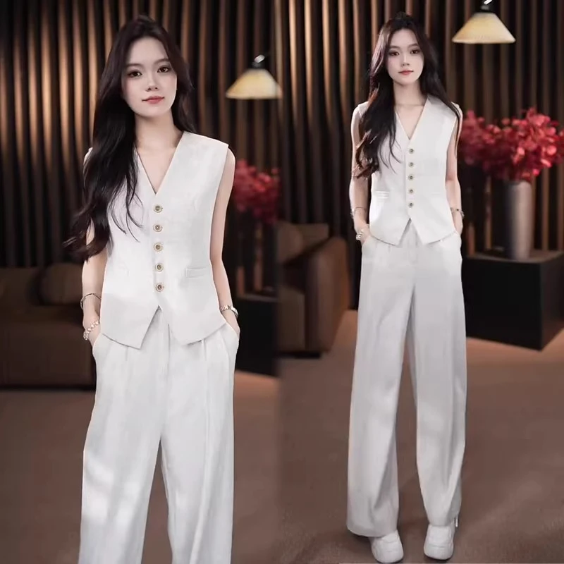 拉夏贝尔时尚套装女2025夏季显瘦洋气无袖V领马甲阔腿裤两件套潮