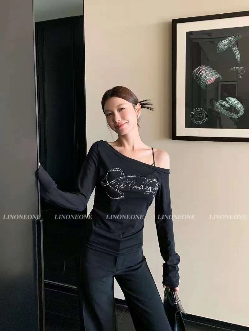 烫钻长袖拼接斜领圆领修身型T恤百搭辣妹网红打底衫显瘦内搭