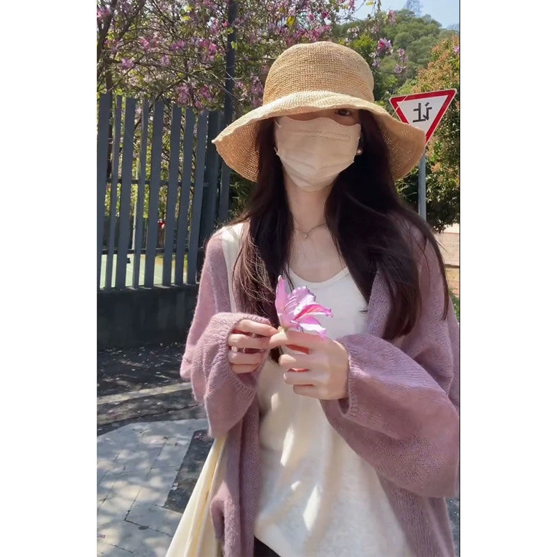 香芋紫慵懒风灯笼袖针织薄款防晒开衫女春夏新款松弛宽松轻薄上衣