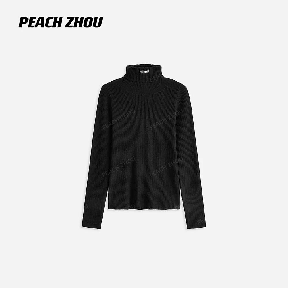 『PEACHZHOU』羊毛混纺坑条徽标弹力修身休闲高领打底长袖针织衫女