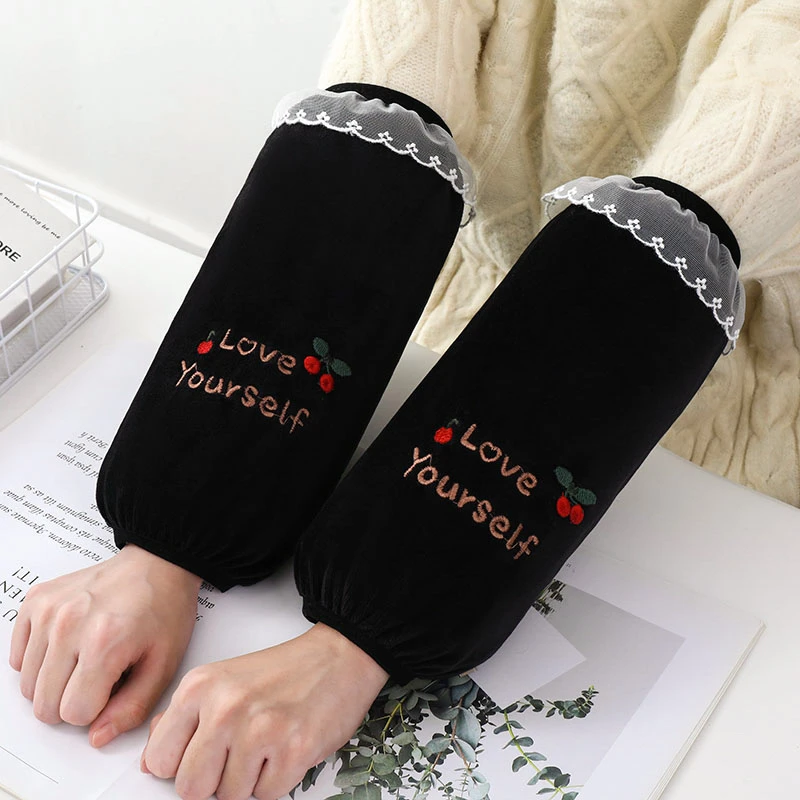 冬季袖套羽绒服防污套袖长款韩版蕾丝边成人工作护袖毛绒学生袖头