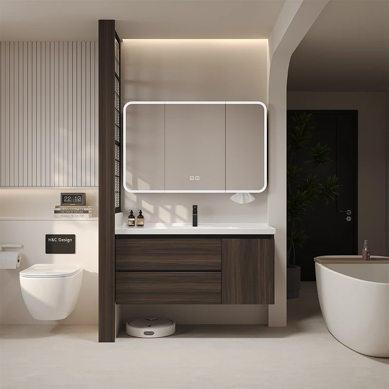 胡桃色新中式陶瓷一体盆智能美妆浴室柜组合卫生间洗漱洗手台盆