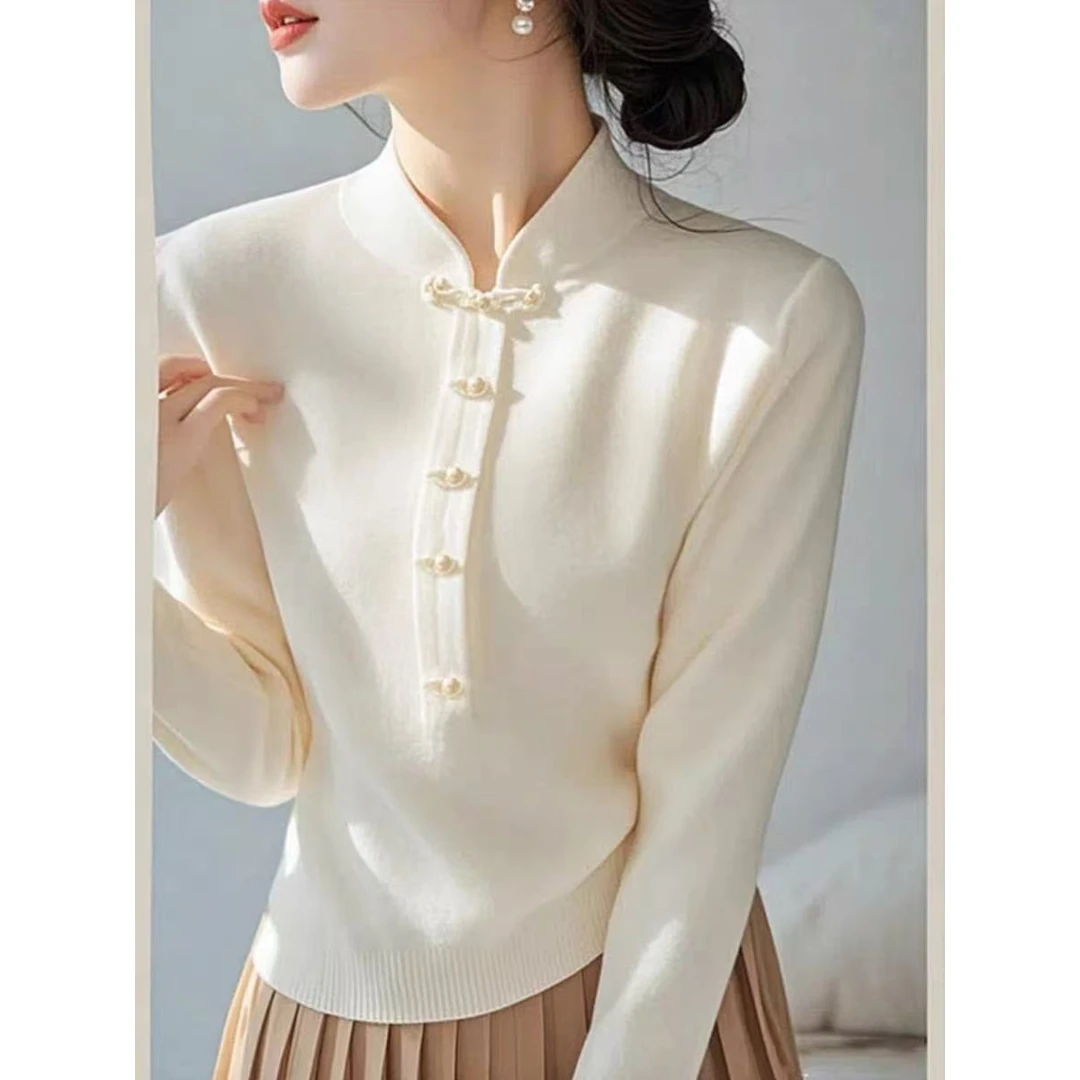 新中式轻国风半高领打底衫女内搭洋气春秋冬季盘口针织衫上衣