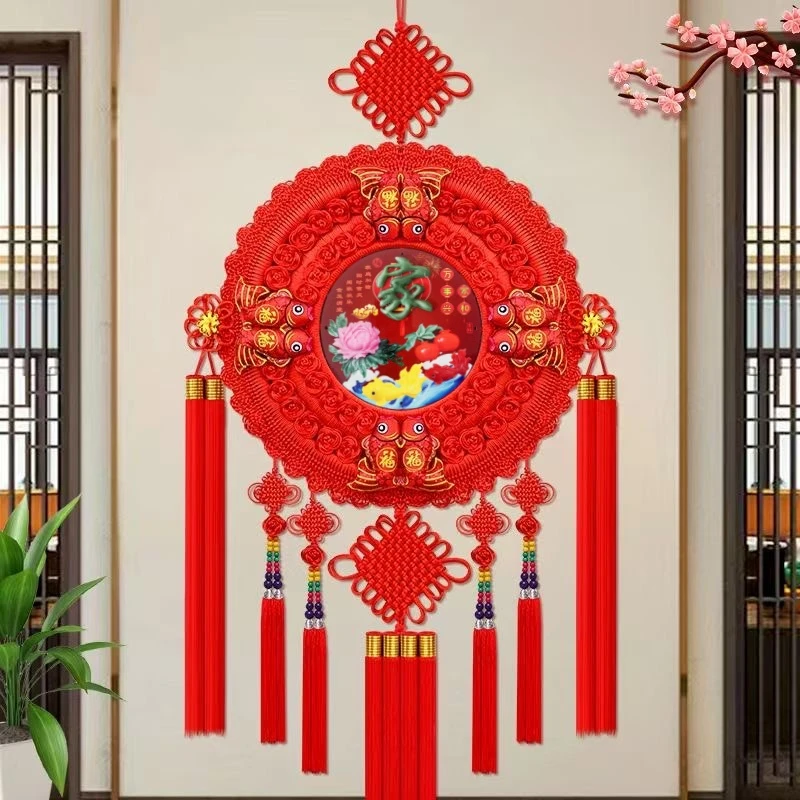 【高档仿玉雕】太阳花桃木中国结手工编织圆形玄关电视墙乔迁装饰