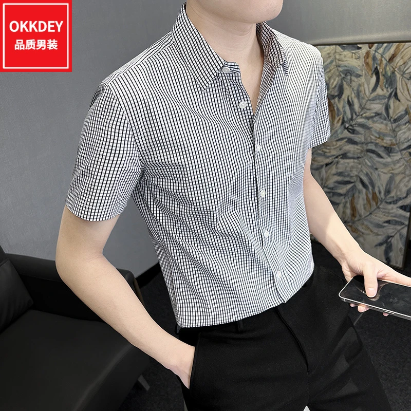 高级感轻奢男装格子短袖衬衫夏季新款冰丝衬衣潮流男士休闲上衣服