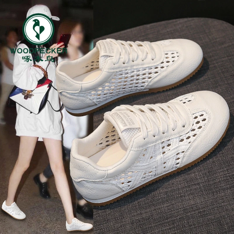 啄木鸟平底网面透气阿甘鞋女2025夏新款百搭软底德训鞋镂空休闲鞋