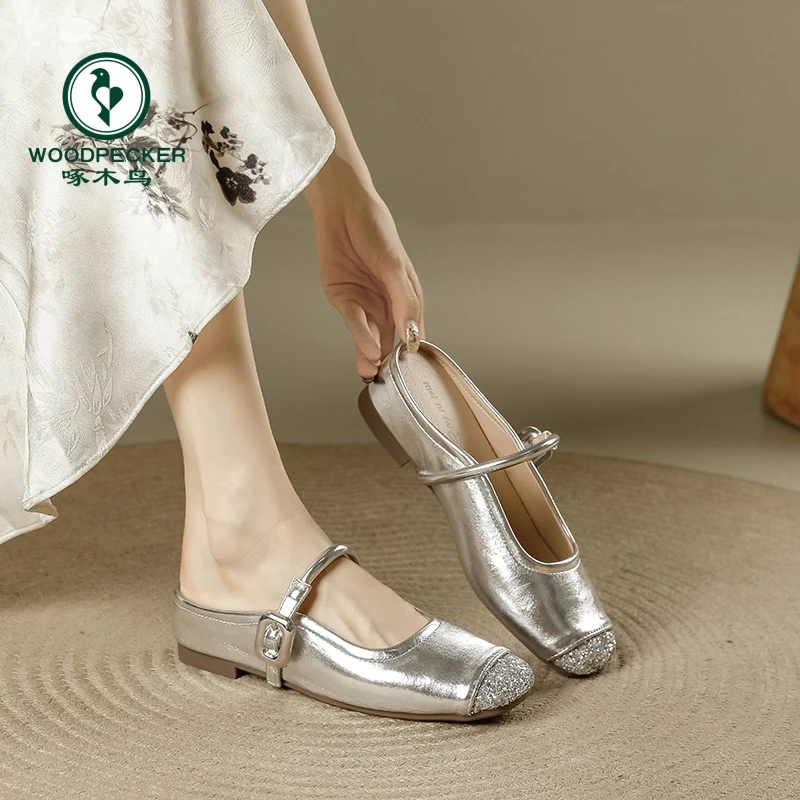 啄木鸟银色包头半拖鞋女韩版小个子内增高5cm 夏季外穿一脚蹬凉拖