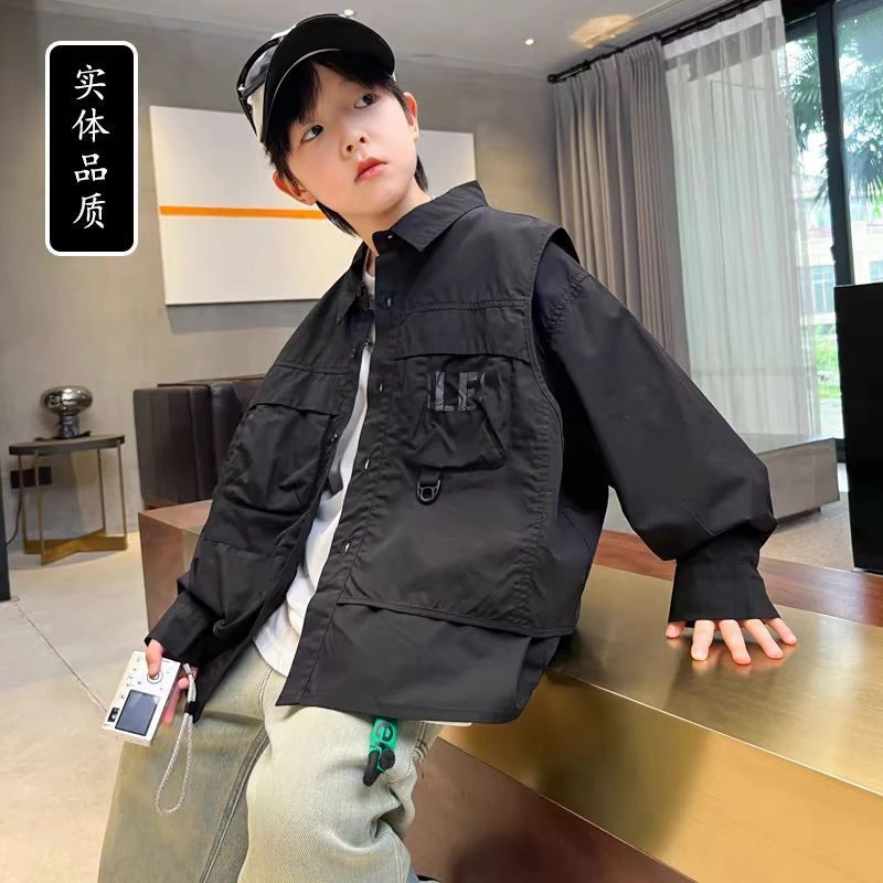 男童假两件外套春秋款2025新款儿童春装上衣大童春季衬衫韩版洋气