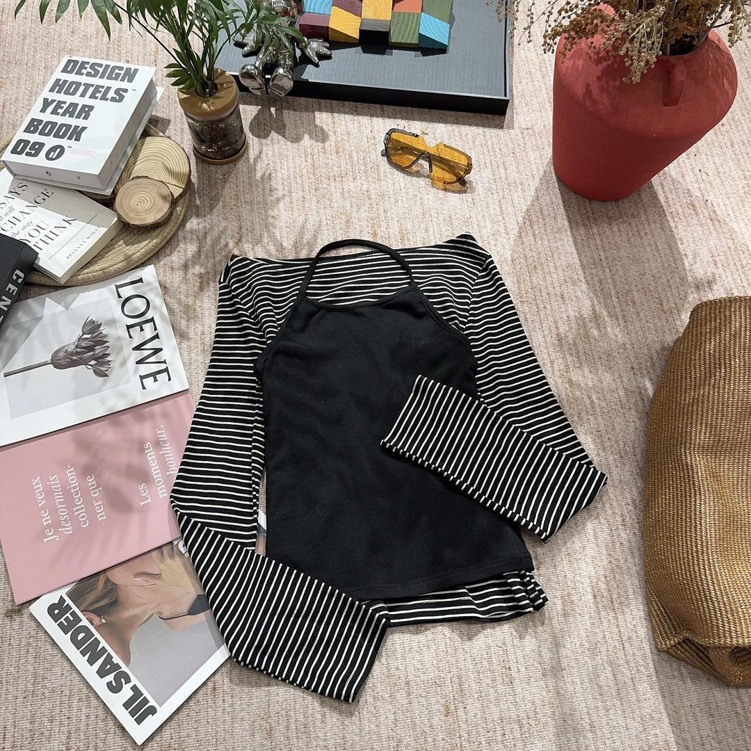 2025冬季新款时尚休闲条纹真两件套长袖T恤5498