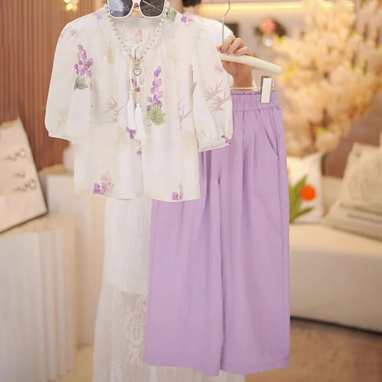 女童夏装2025新款套装韩版洋气碎花国风中式衫休闲阔腿裤两件套