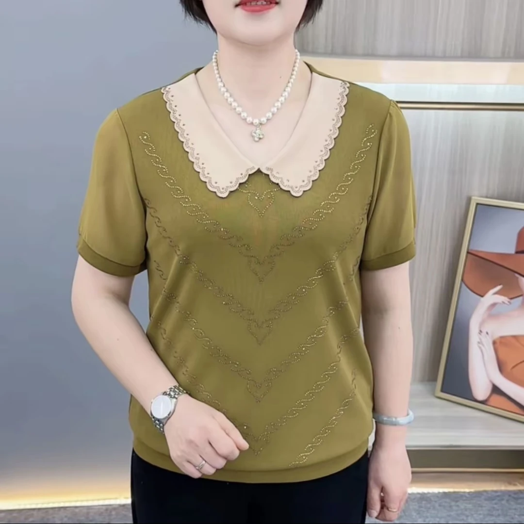 夏季新款气质百搭娃娃领烫钻翻领T恤中老年妈妈装遮肚显瘦减龄