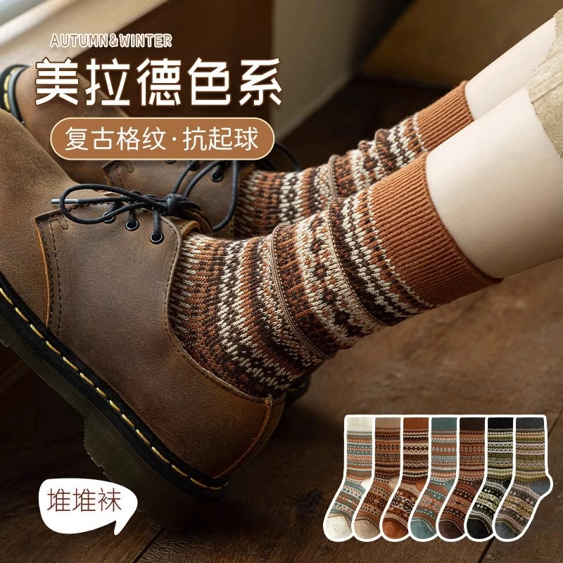 日系复古民族风美拉德色秋冬季女中筒长袜堆堆袜新款袜子时尚百搭