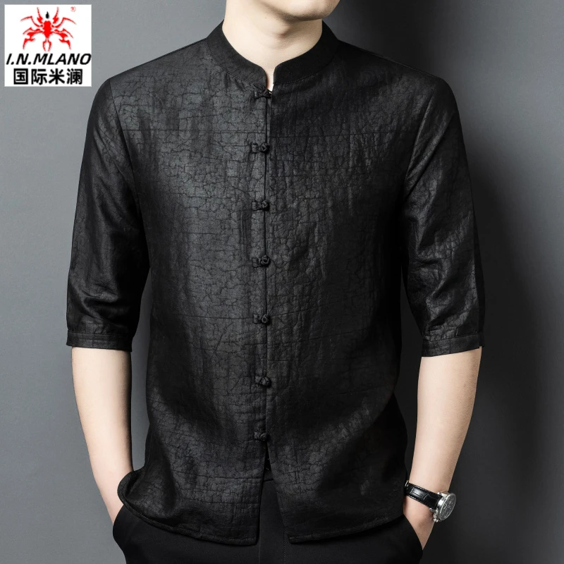 100%桑蚕丝龟裂纹新中式中国风香云纱唐装男短袖真丝中国风衬衫男