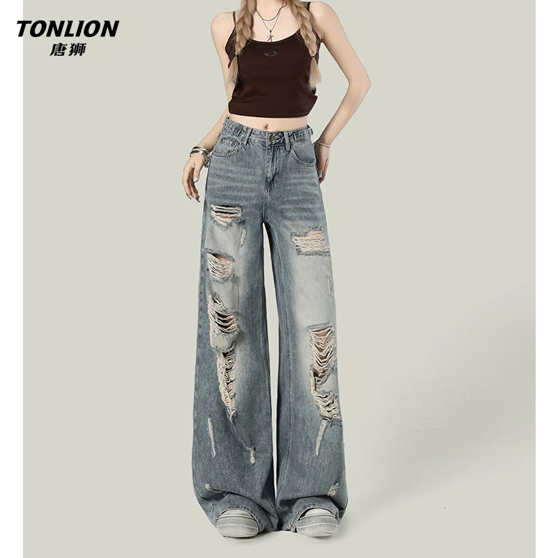 唐狮设计感复古蓝毛须破洞阔腿牛仔裤女美式小众高腰宽松直筒裤