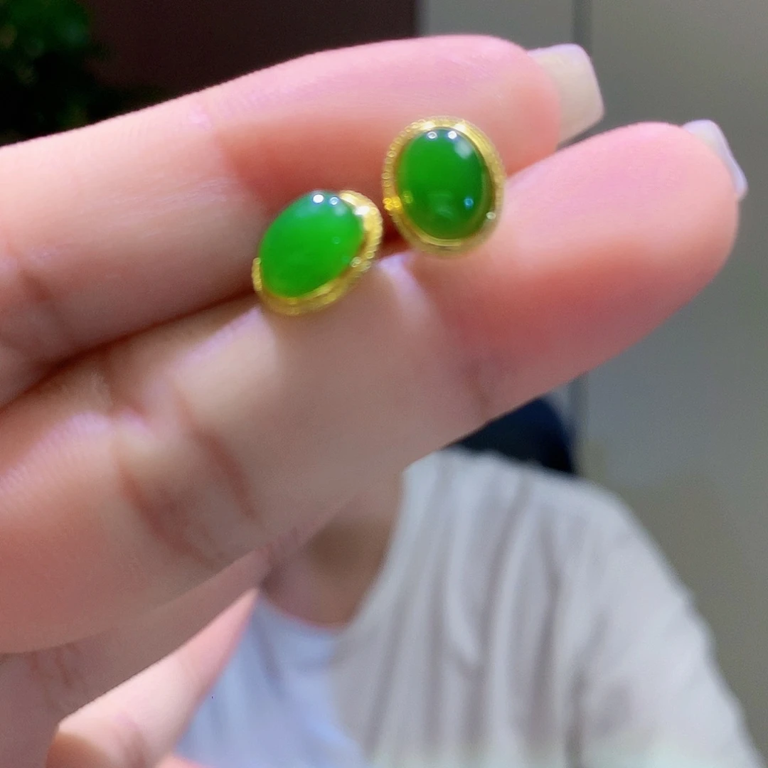 和田玉（碧玉）银S925镀金镶嵌耳饰