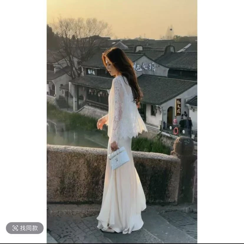 【YANG】早春新款皱感波光粼粼不规则拼接蕾丝垂感半身裙蕾丝上衣