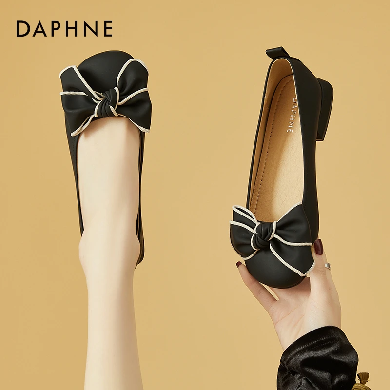 达芙妮浅口粗跟单鞋女秋季新款法式圆头时尚蝴蝶结舒适休闲豆豆鞋