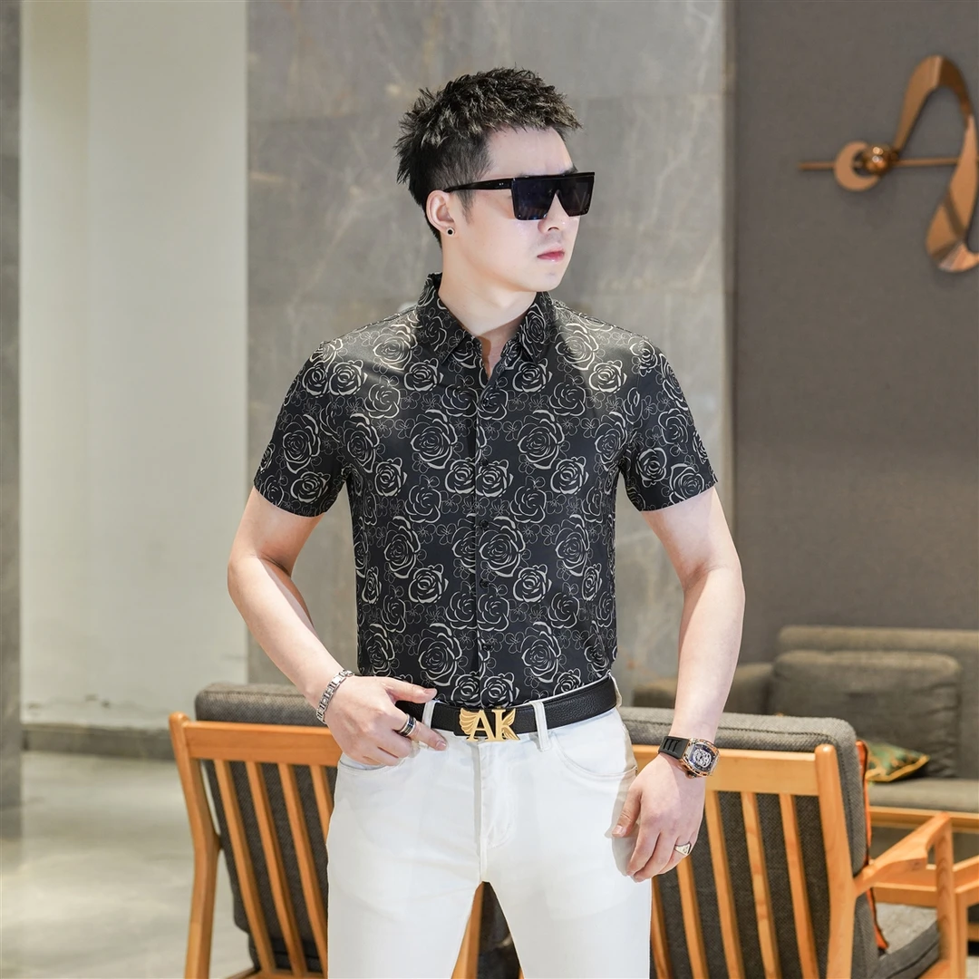 短袖男衬衫夏季新款超薄冰丝凉感个性玫瑰纹印花短袖衬衫修身上衣