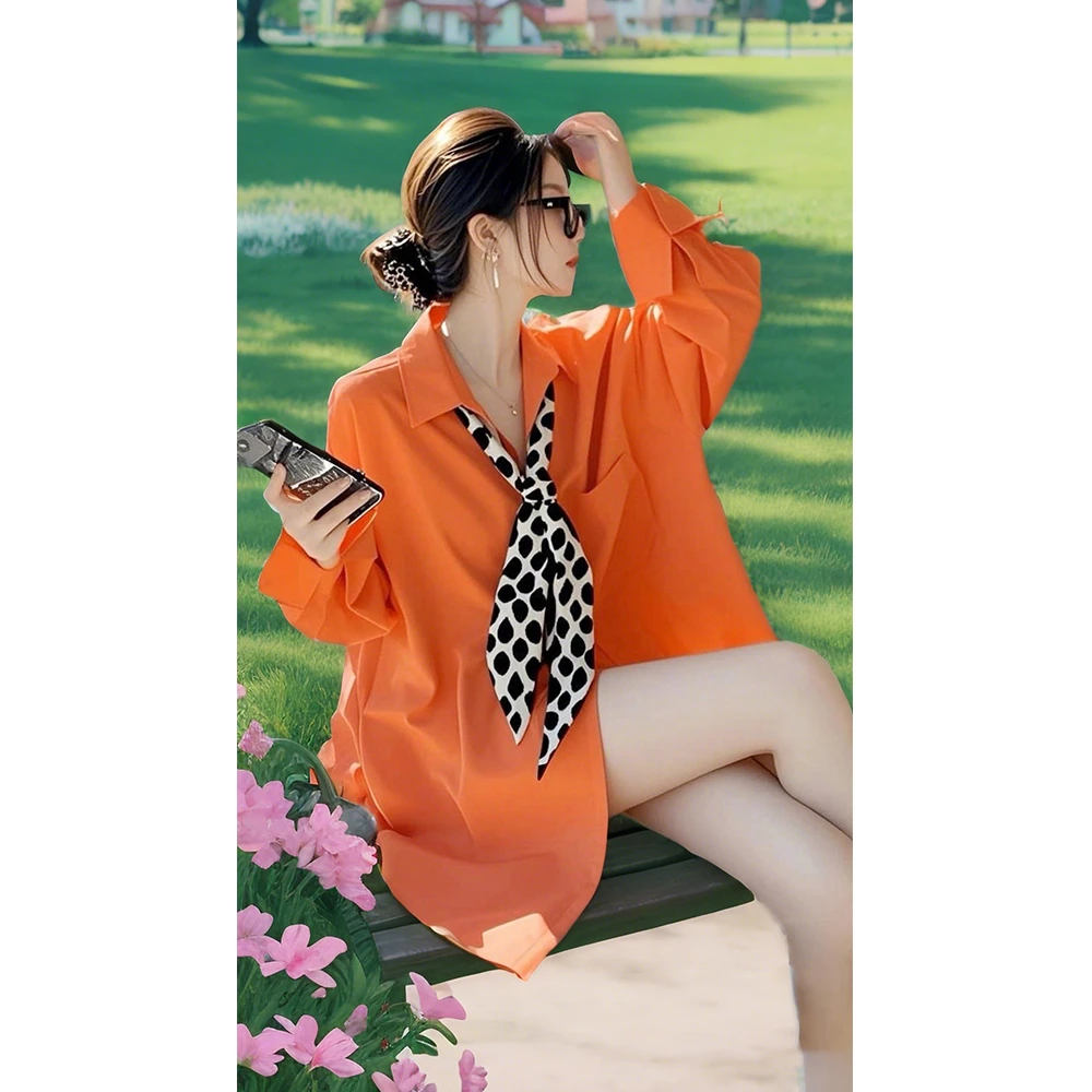 2025年新款小衫独特超好看洋气时髦设计感橘色领结长袖衬衫女春季