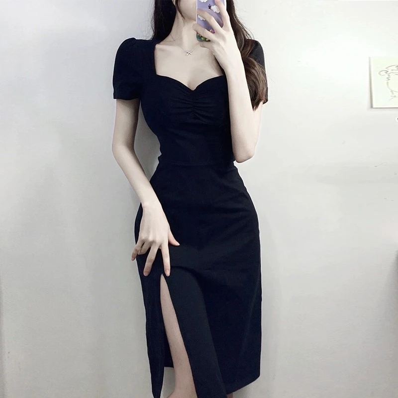 夏季女装黑色气质开叉裙子纯欲御姐性感连衣裙时尚复古泡泡袖长裙