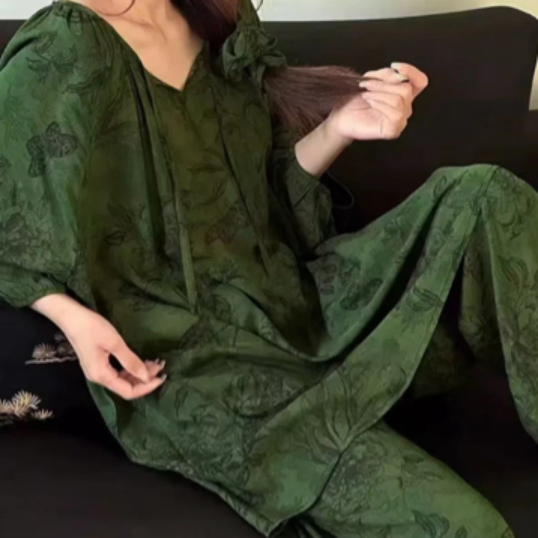 长袖长裤棉绸薄款套装女士睡衣女家居服大码夏天宽松民国风透气