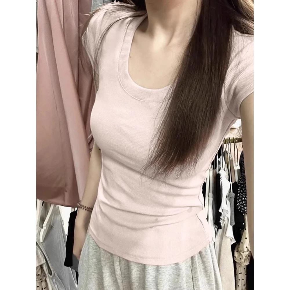 粉色正肩U领短袖t恤女装夏季新款设计感小众修身显瘦甜辣短款上衣