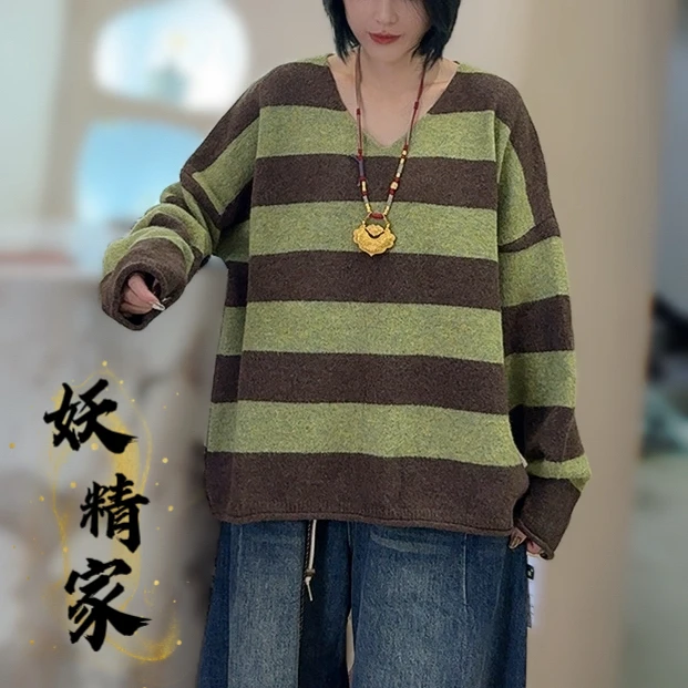 6379【妖精家】温暖厚实毛衣女V领宽条纹韩版拼色软糯宽松上衣