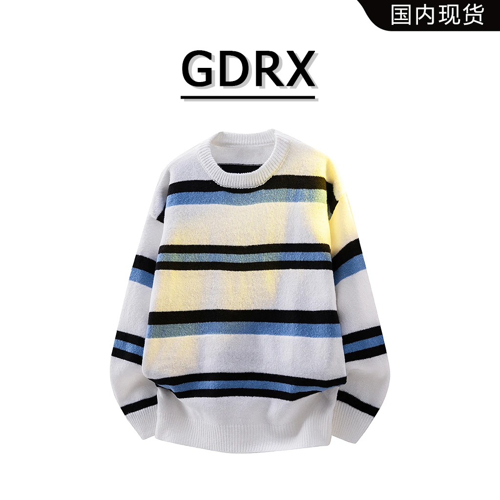 GDRX美式条纹拼色毛衣男秋冬季新款时尚百搭设计感针织衫上衣款