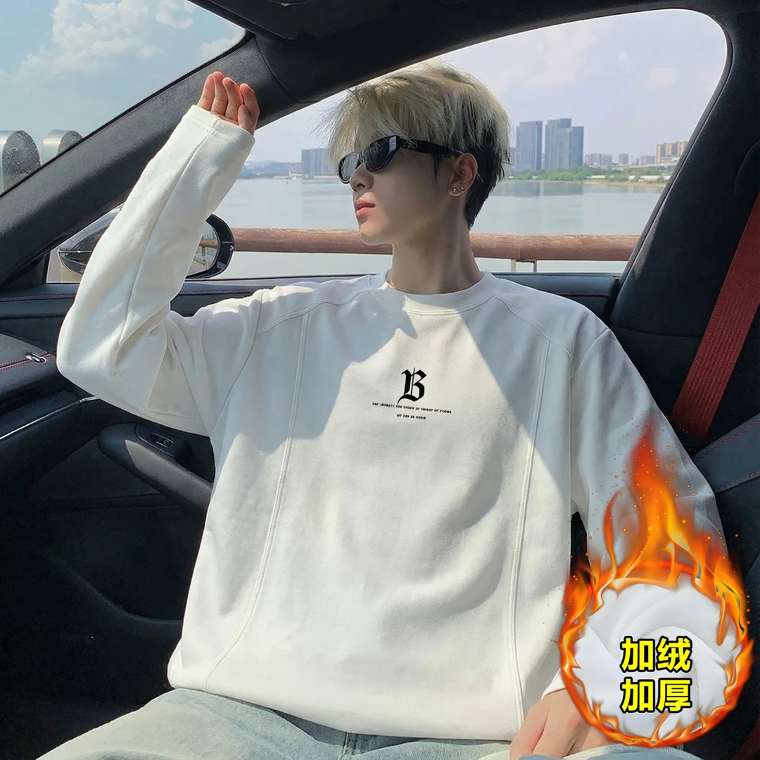 秋冬保暖圆领德绒T恤长袖休闲内搭字母潮流男加绒加厚百搭打底衫