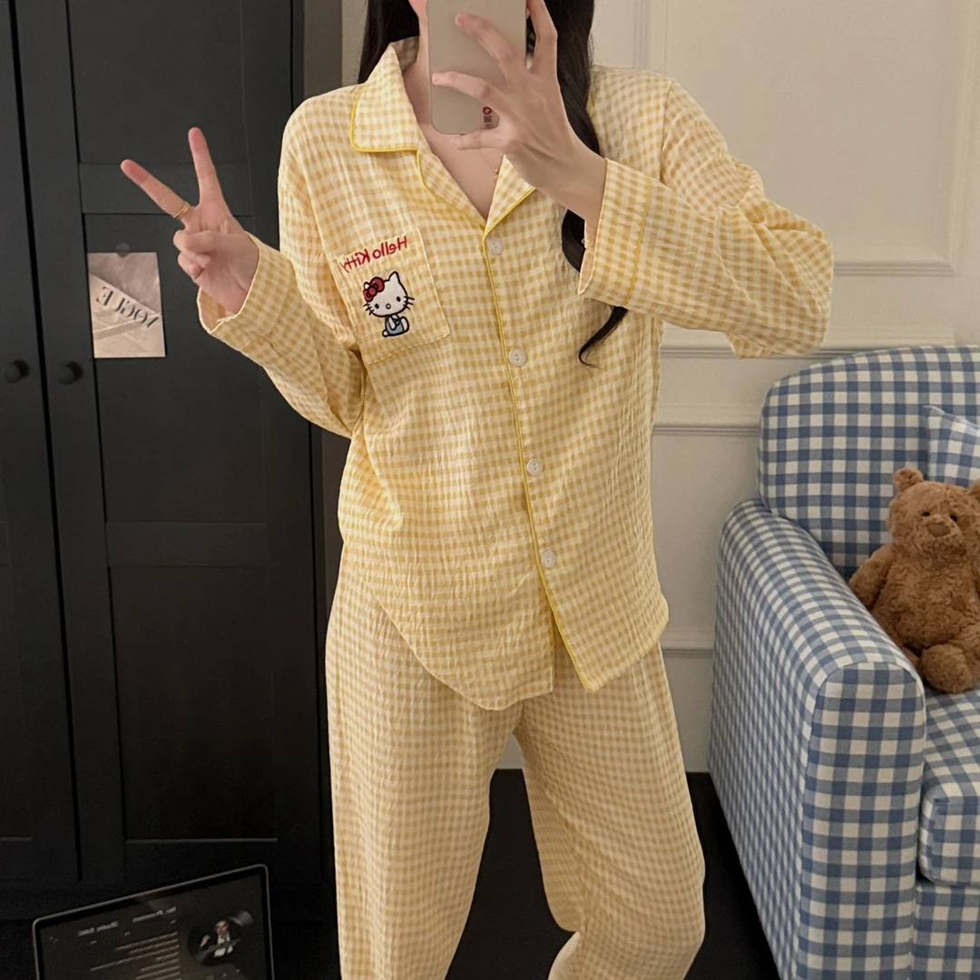 【古菲热专属】黄格子KT猫2025新款双长云朵棉女印花甜美家居服睡衣