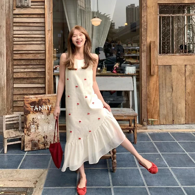 哟米YOMI浆果日记小个子法式无袖背心裙女拼接飘逸荷叶边长裙