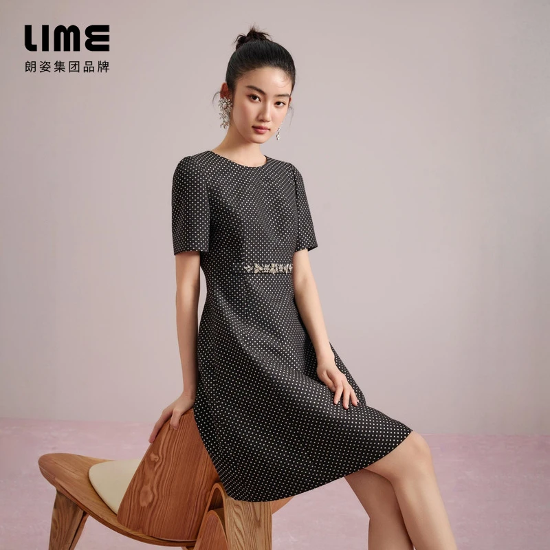 朗姿/莱茵【都市节拍】法式波点提花梭织连衣裙黑色LDGC7AWOPK03