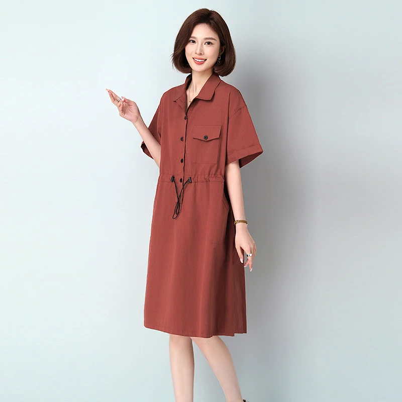 纯棉短袖连衣裙女夏季2025新款中年妈妈宽松休闲抽绳收腰衬衫裙子
