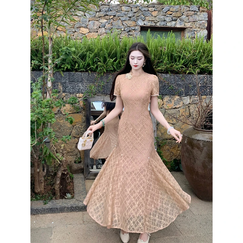 凌茜【人鱼姬】国风新中式橘色花瓣领裙气质优雅端庄显瘦收腰春夏裙