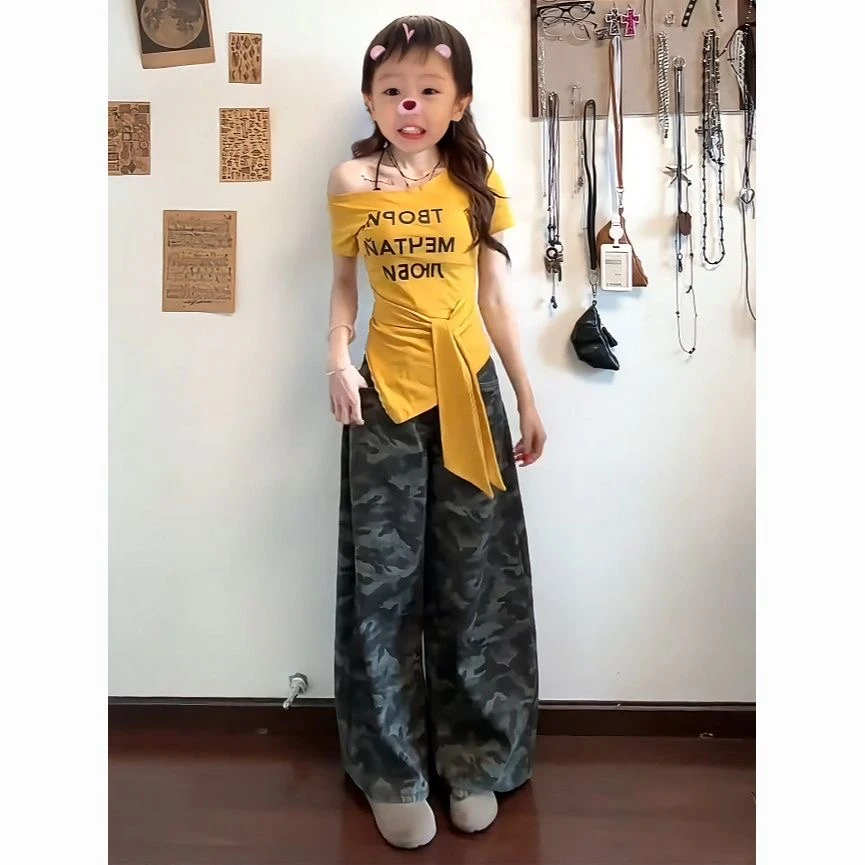 2025夏季纯棉纯欲辣妹气质绑带一字领短袖T恤女收腰显瘦露肩上衣