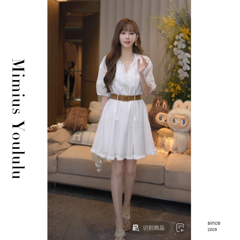 【mimius】七七 月光曲-法式镂空简约棉小白裙（含腰带）G04612