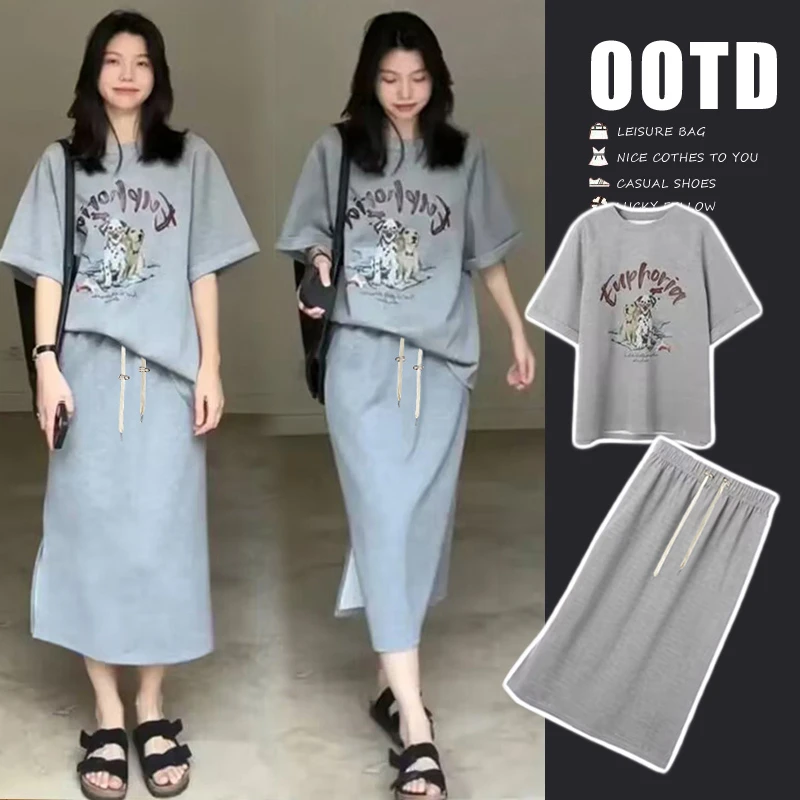 时髦孕妇夏装新款时尚韩版宽松慵懒风休闲短袖上衣显瘦半身裙套装