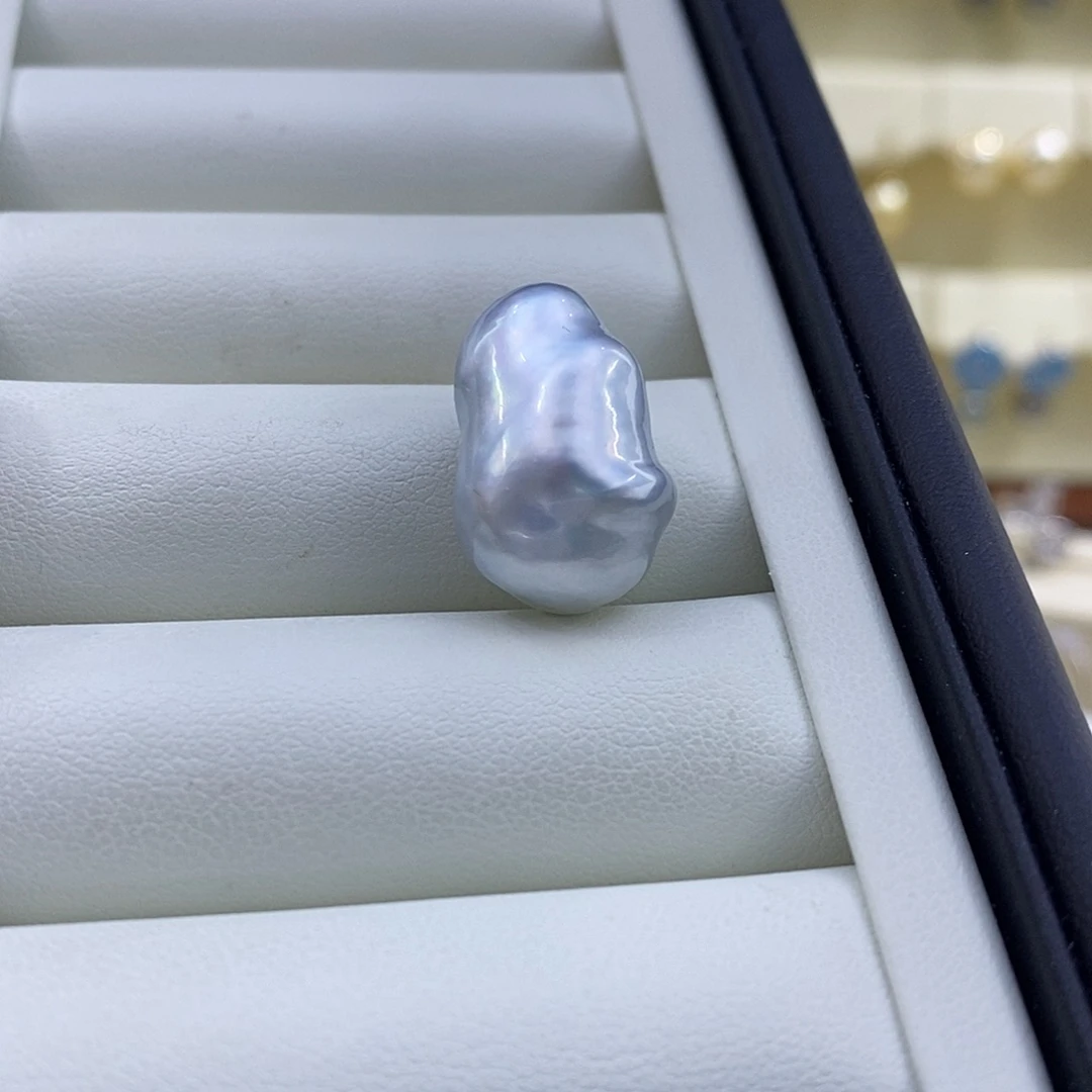 露***银S925镶嵌海水珍珠海水澳白蓝血巴洛克裸珠