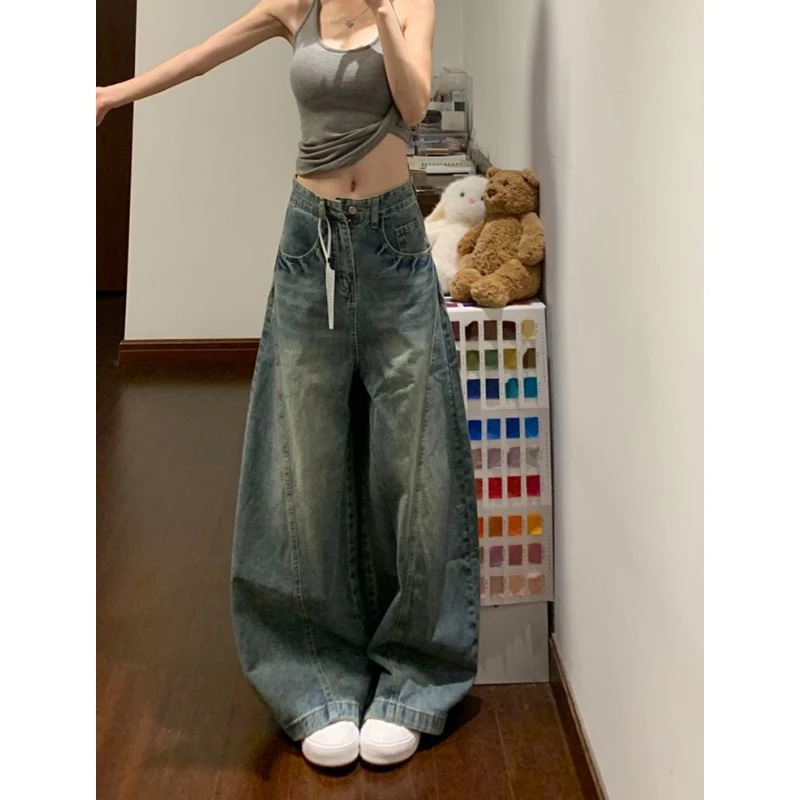 美式宽松显瘦垂感阔腿牛仔裤女秋季新款复古高腰百搭弯刀拖地裤子