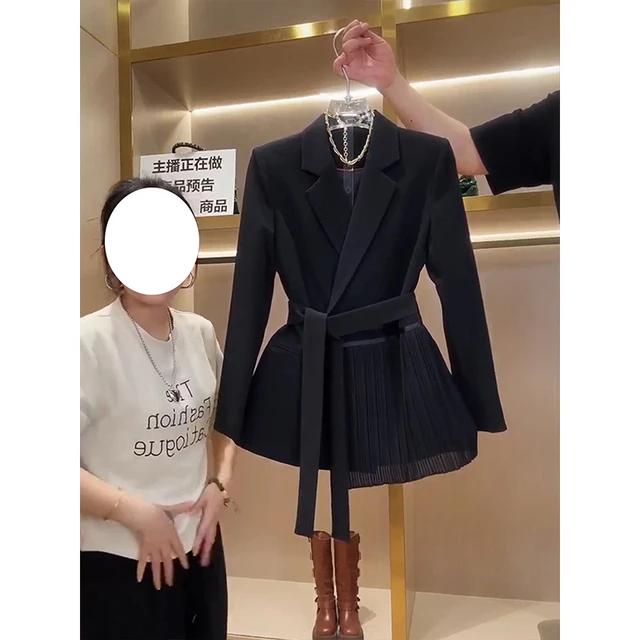 高级感轻奢气质网纱拼接西装外套女2025春季新款收腰系带休闲西服