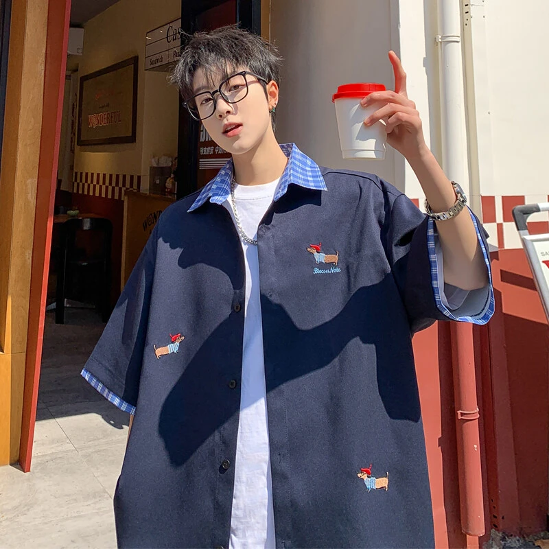 霄桂姿港风刺绣撞色翻领五分袖衬衫男夏季新款青少年百搭上衣短袖