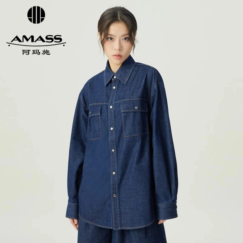 阿玛施AMASS新款女装经典复古丹宁廓形牛仔长袖纯色衬衫5300971