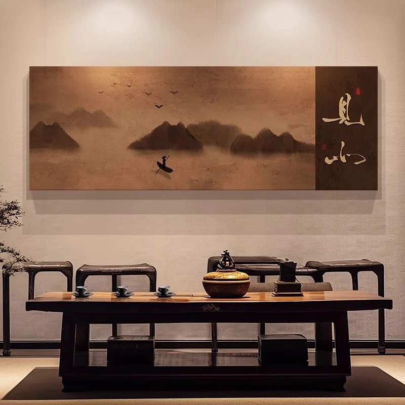 新中式复古风客厅中古风禅意山水画茶室壁画客厅背景墙挂画沙发